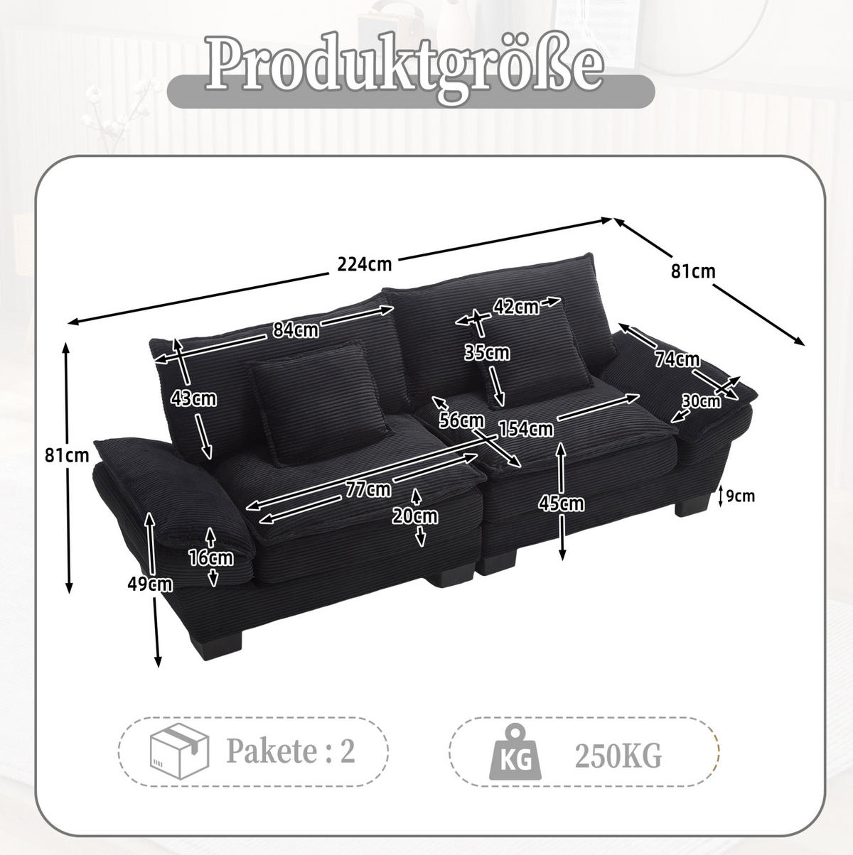 SOFA für 2 Personen mit Velvet-Bezug in Schwarz 224/81/81 cm - Schwarz, Textil (224/81/81cm) - OKWISH