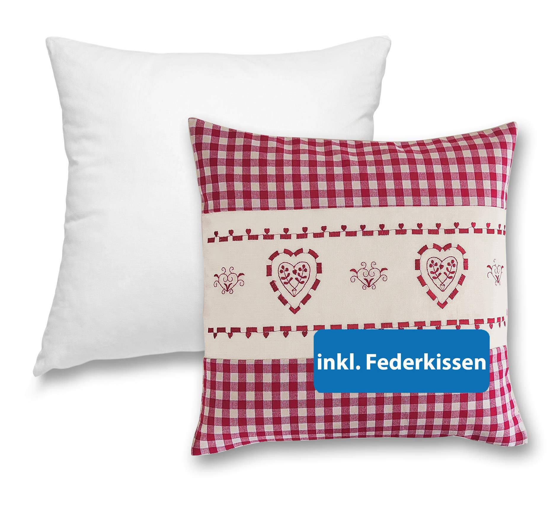 DEKOKISSEN Herz rot 40/40 cm Landhaus-Stil mit Reißverschluss inkl. 100% Federkissen - Beige/Rot, Textil (40/40cm) - wometo