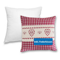 DEKOKISSEN Herz rot 40/40 cm Landhaus-Stil mit Reißverschluss inkl. 100% Federkissen - Beige/Rot, Textil (40/40cm) - wometo