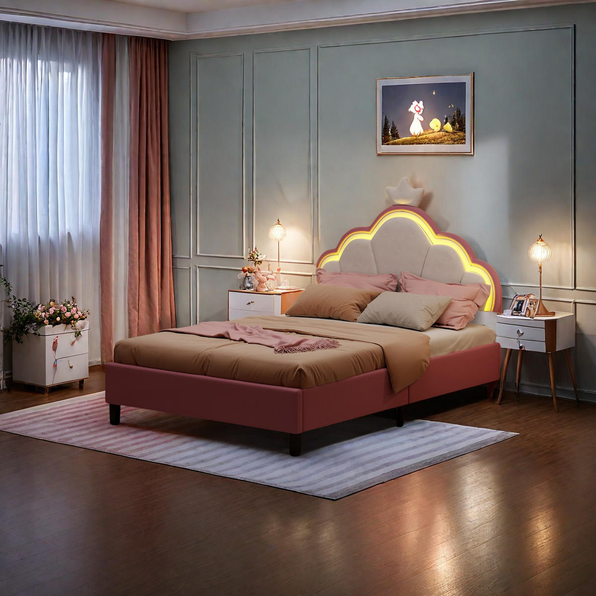 POLSTERBETT 90x200 cm Rosa Weiß Samt LED Krone Verstellbar - Pink, Holz (90/200cm) - SHOPENTRA
