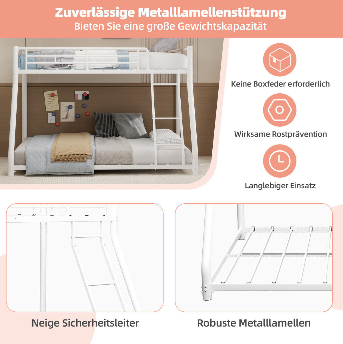 ETAGENBETT 196,6/146,6/139 cm aus Metall mit geräuscharmen Latten und erhöhtem Geländer Weiß - Weiß, Metall (140/190cm) - Modenvie