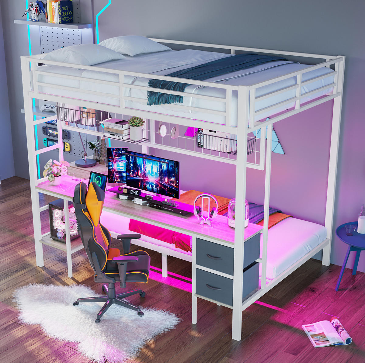 HOCHBETT 140/200 cm aus Metall/MDF mit Schreibtisch, Stauraum und LED-Leiste Weiß - Weiß, Metall (140/200cm) - Modenvie