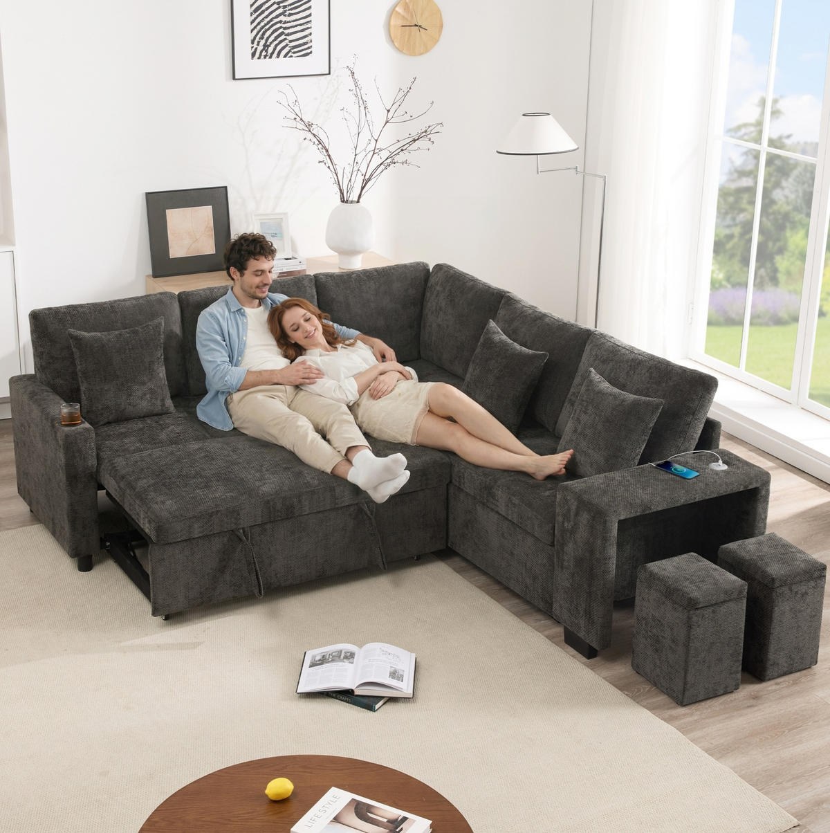 ECKSOFA 220/205/86,5 cm grau Chenille mit Schlaffunktion und Stauraum - Grau, Textil (205/220cm) - OKWISH