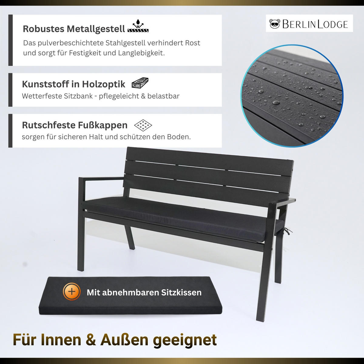 GARTENBANK MALLORCA mit Sitzkissen in Holzoptik 3-Sitzer 77x128x44cm Schwarz - Schwarz, Kunststoff/Metall (128/77/44cm) - BERLINLODGE