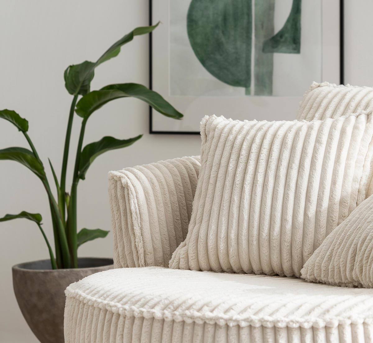 BIG-SESSEL Relaxsessel Mega Cord creme wollweiß Ø 120 cm 360° drehbar, inklusive 3x Kissen - Creme/Weiß, Holzwerkstoff/Textil (120/86/120cm) - Furn.Design