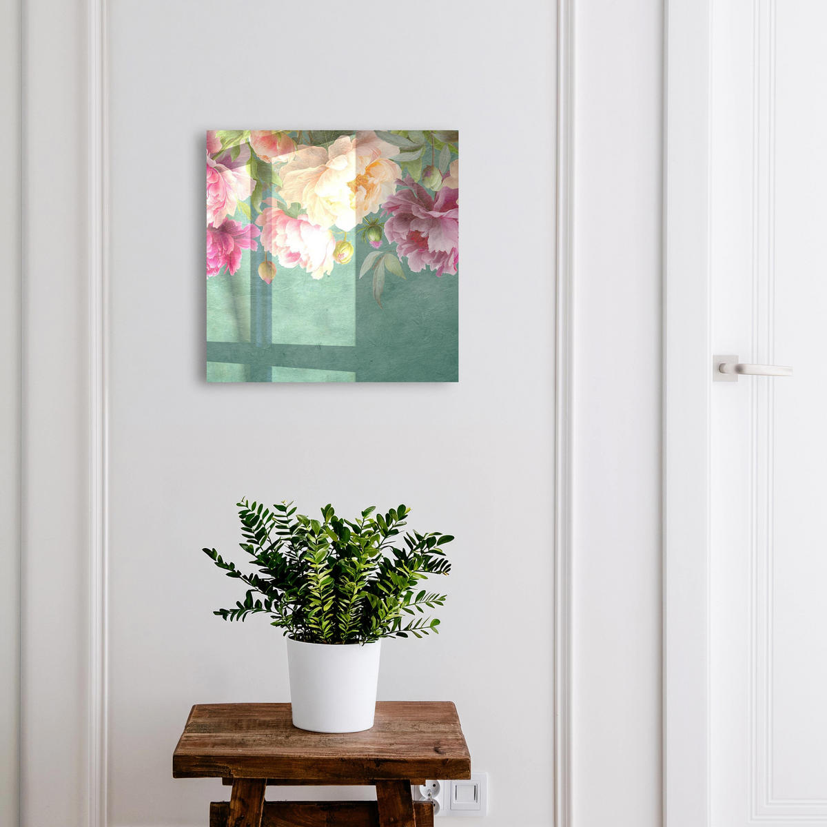 SCHLÜSSELBOX Weiß 30x30 cm – Türöffnung nach rechts - Florale Eleganz - Grün, Metall (30/30/5cm) - TULUP