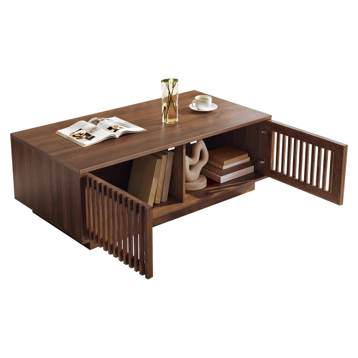 COUCHTISCH DE-37141 mit 2 Gittertüren und Stauraum Nussbaum - Walnussfarben, Holzwerkstoff (100/50/35cm) - ComfortXL