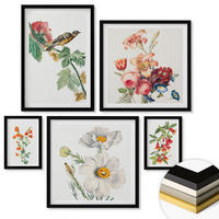WANDBILDER 5er-Set - 50x50 cm & 20x30 cm & 40x60 cm Schwarzer Rahmen - Gemalte Blumen, Retro-Vogel - Schwarz, Kunststoff (40/60cm) - ArtPrintCave