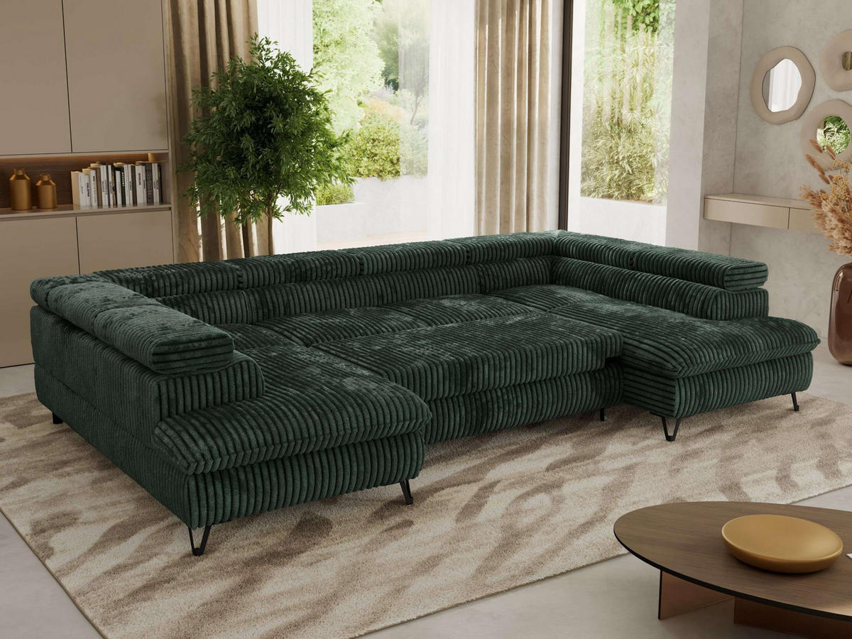 WOHNLANDSCHAFT PABLO U Cord Dunkelgrün - Schwarz/Grün, Textil/Metall (346/76/208cm) - MKS