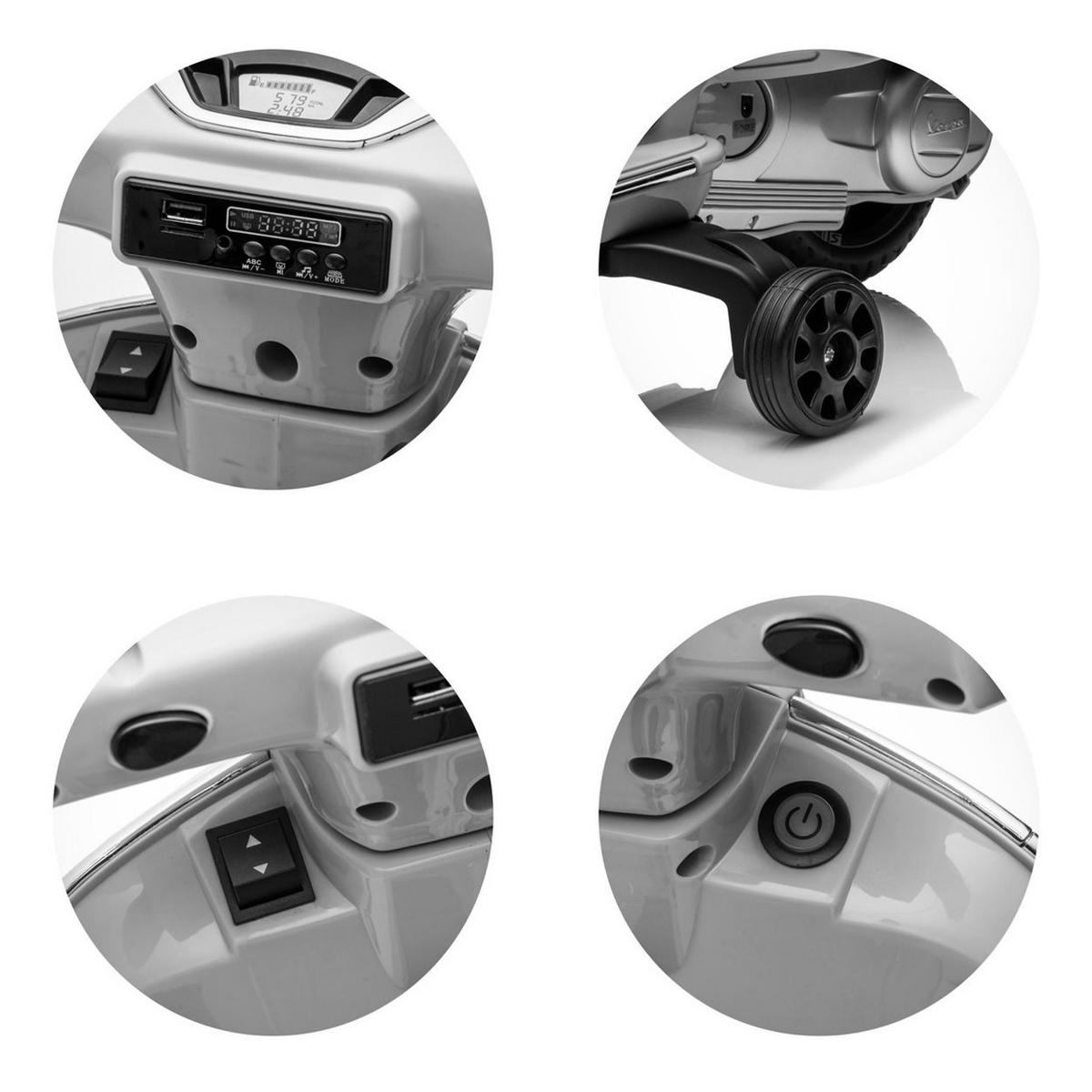 ELETROMOTORRAD Vespa GTS Super weiß Heckstaufach Musik MP3 Licht 2-3 km/h - Weiß, Kunststoff (66102/50/75cm) - Chipolino