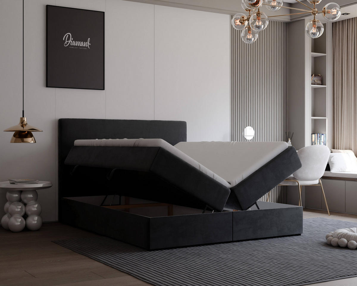BOXBETT GIULIA 160/200 cm mit Matratze und Topper, Schwarz - Schwarz, Textil (160/200cm) - Idohome