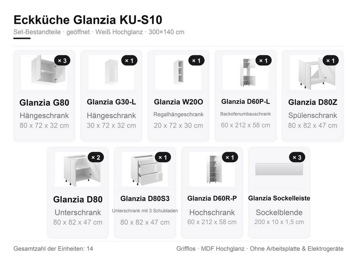 ECKKÜCHE 300x140 cm Glanzia – KU-S10 – Weiß – Hochglanz - Weiß Hochglanz, Holzwerkstoff (300/212/140cm) - hi-markt