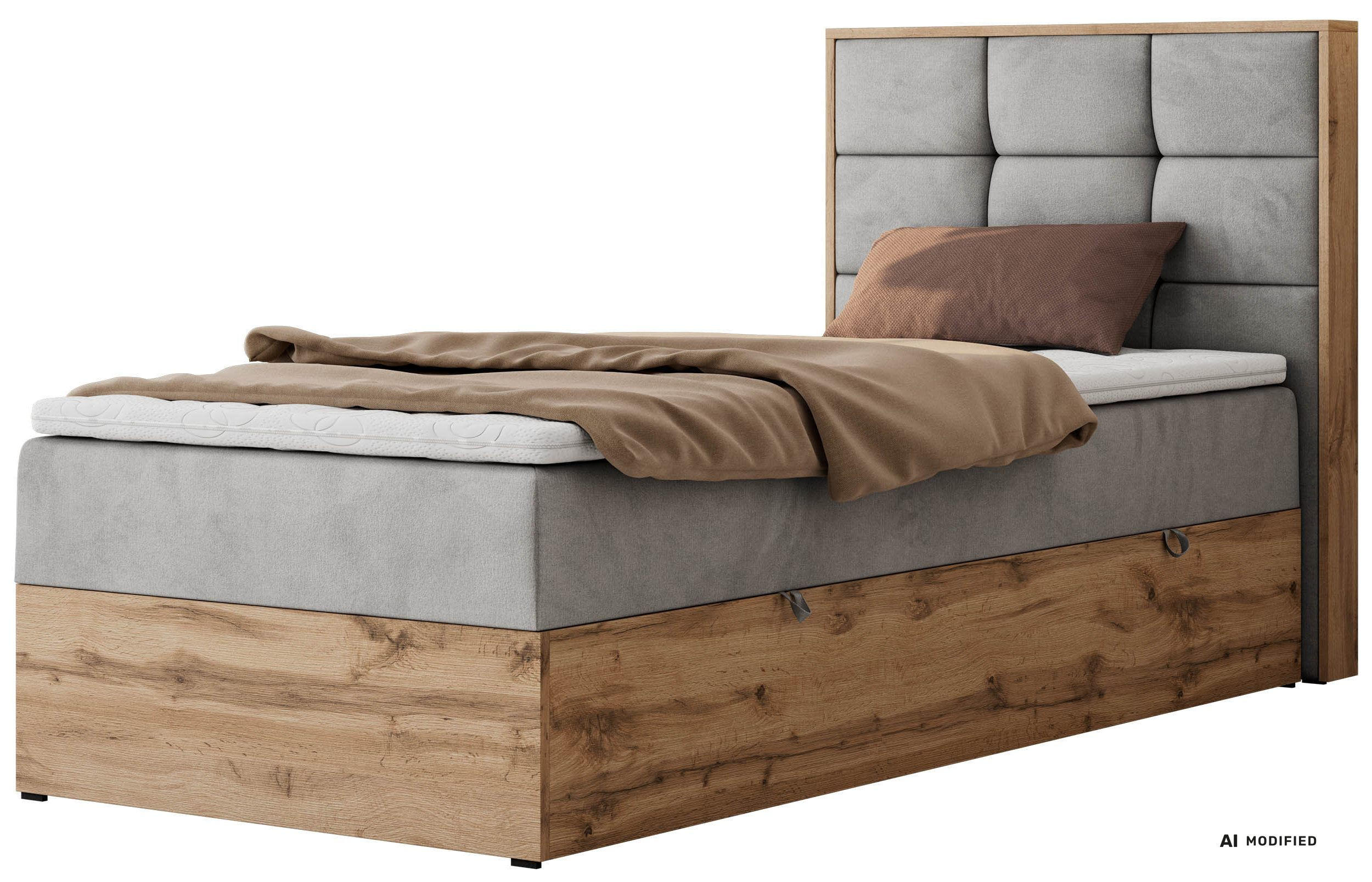 BOXBETT ALBERO 1 90/200 - Hellgrau Velvet - Topper Visco - H3 - Rechts - Hellgrau/Schwarz, Kunststoff/Textil (90/200cm) - MKS