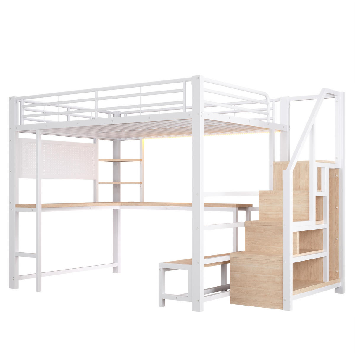 HOCHBETT 140/200 cm Weiß mit Schreibtisch, trapezförmiger Schrank und LED-Beleuchtung - Weiß, Metall (140/200cm) - Oxeza