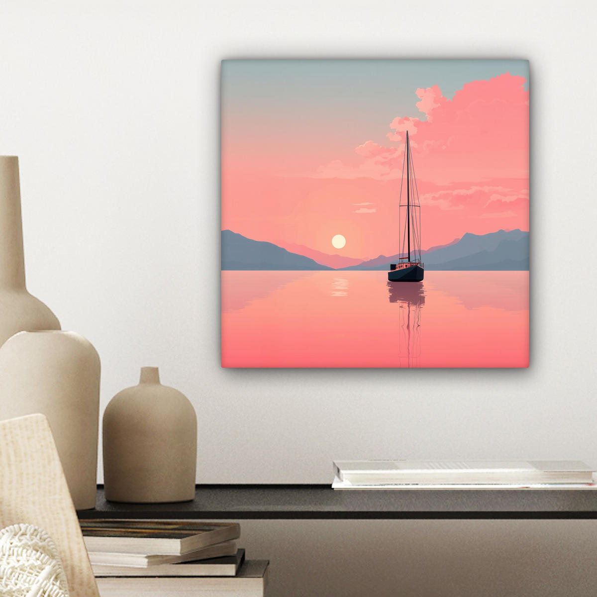 LEINWANDBILD Segelboot - Rosa Meer - Sonnenuntergang - Berge Deko Wohnzimmer 20x20 cm - Rosa, Textil (20/20cm) - MuchoWow