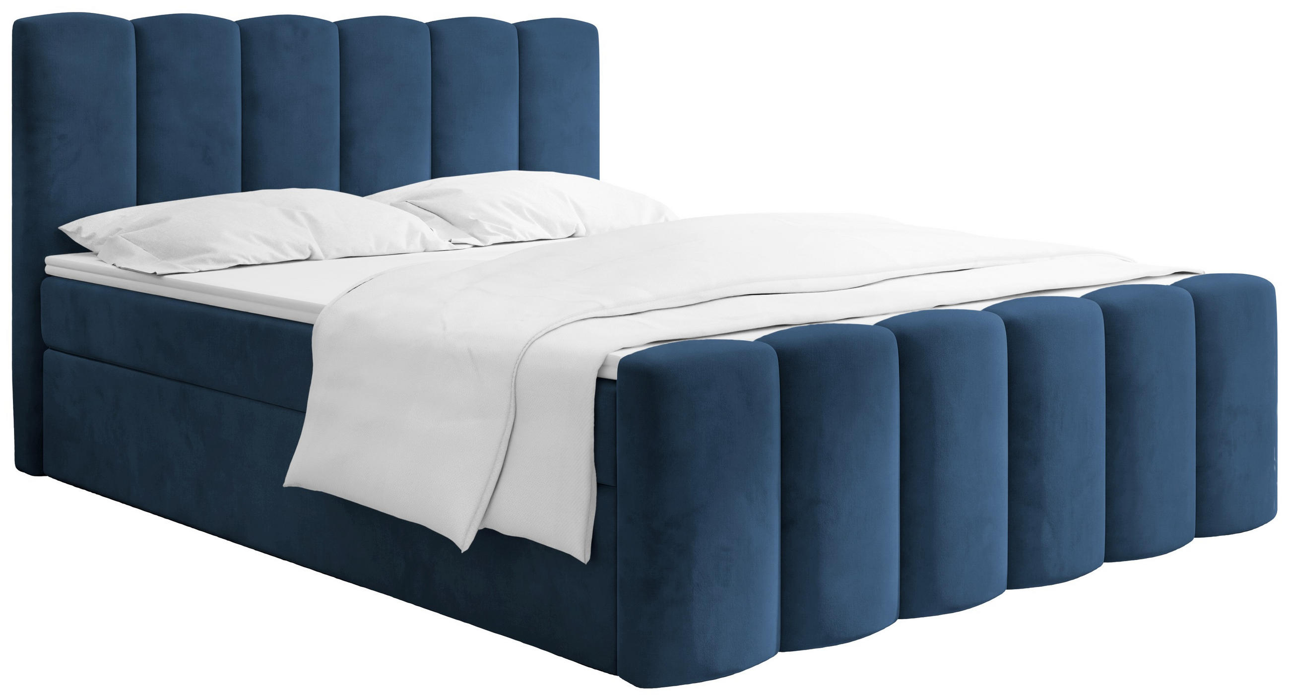 BOXBETT Serenity mit Bettkasten, Dunkelblau Samt 120x200 cm – inkl. H4 Taschenfederkern Matratze & Foam Topper - Blau/Schwarz, Holz/Holzwerkstoff (120/200cm) - WFL GROUP