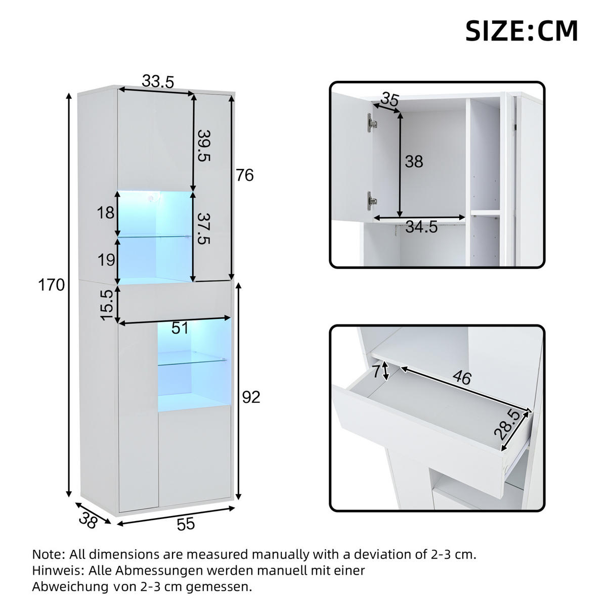 VITRINE 55/38/170 cm in Weiß mit LED-Beleuchtung und Hochglanzfront - Weiß, Holzwerkstoff (55/170/38cm) - Flora Grace