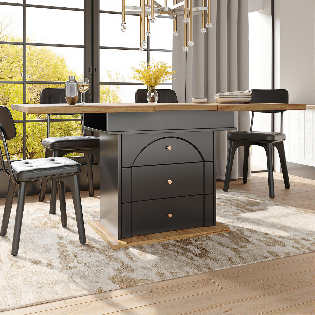 ESSTISCH Ausziehbarer aus MDF mit Stauraum & Klapptür, 110–140/80/75 cm, Schwarz/Natur - Schwarz, Holzwerkstoff (110/80/75cm) - Redom
