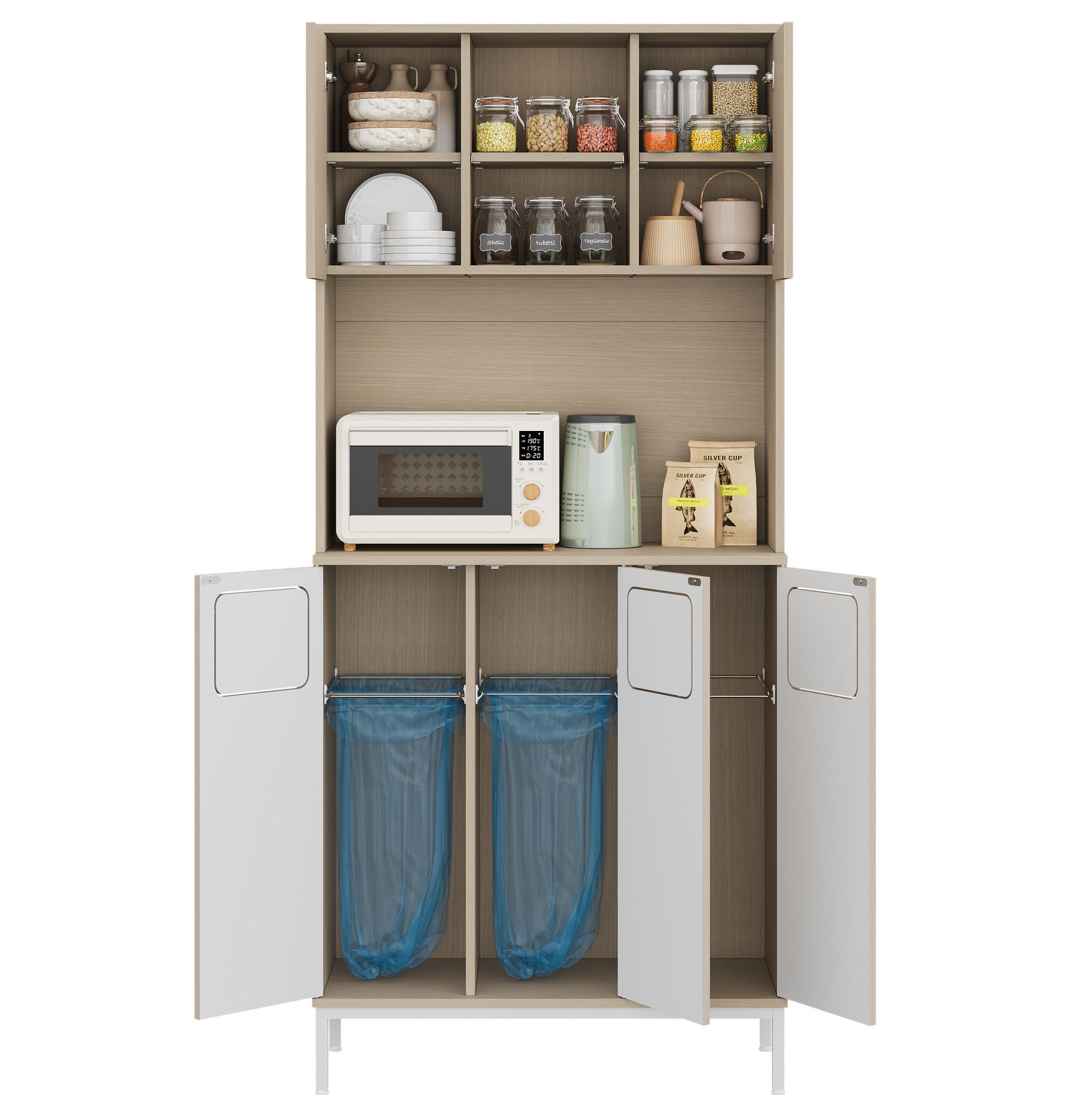BUFFET 80/35/181 cm aus MDF mit Müllbereich und Mikrowellenfach Weiß (Hellholz-Optik) - Weiß, Holzwerkstoff (80/181/35cm) - Modenvie