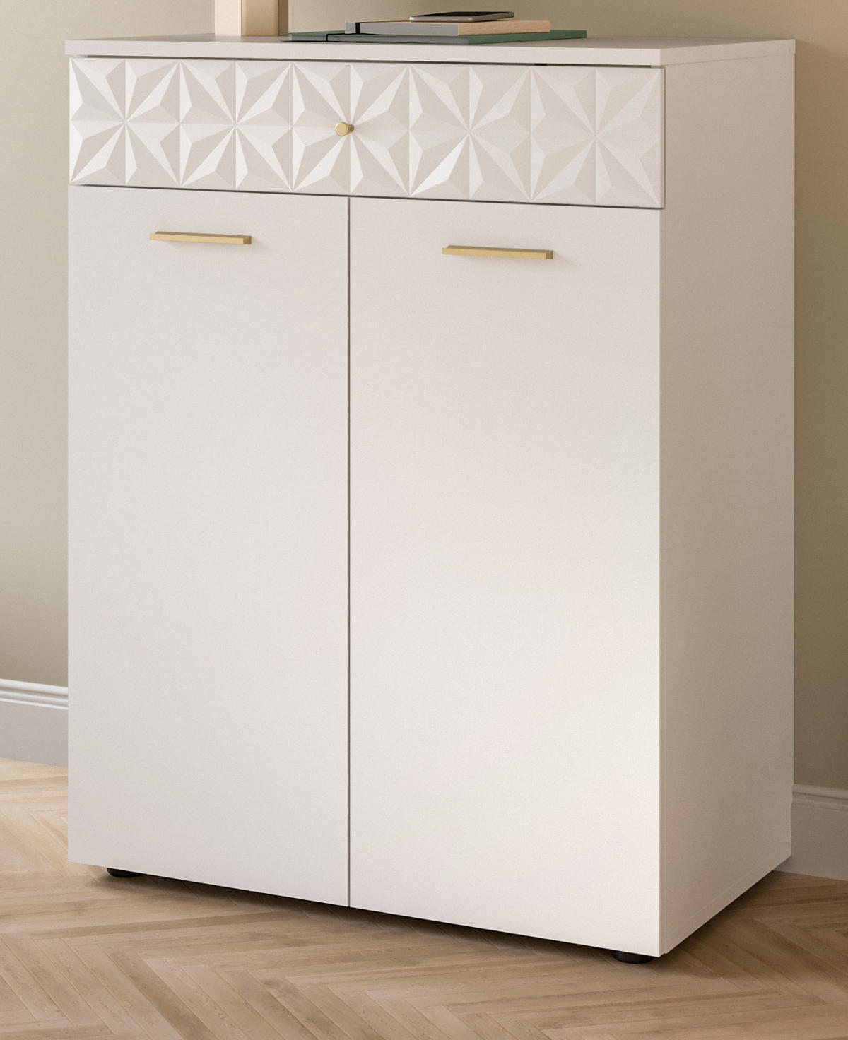 KOMMODE weiß Hochglanz 70 cm, Sideboard mit 3D-Struktur - Weiß Hochglanz/Goldfarben, Holzwerkstoff/Kunststoff (70/92/40cm) - Inn.Furn