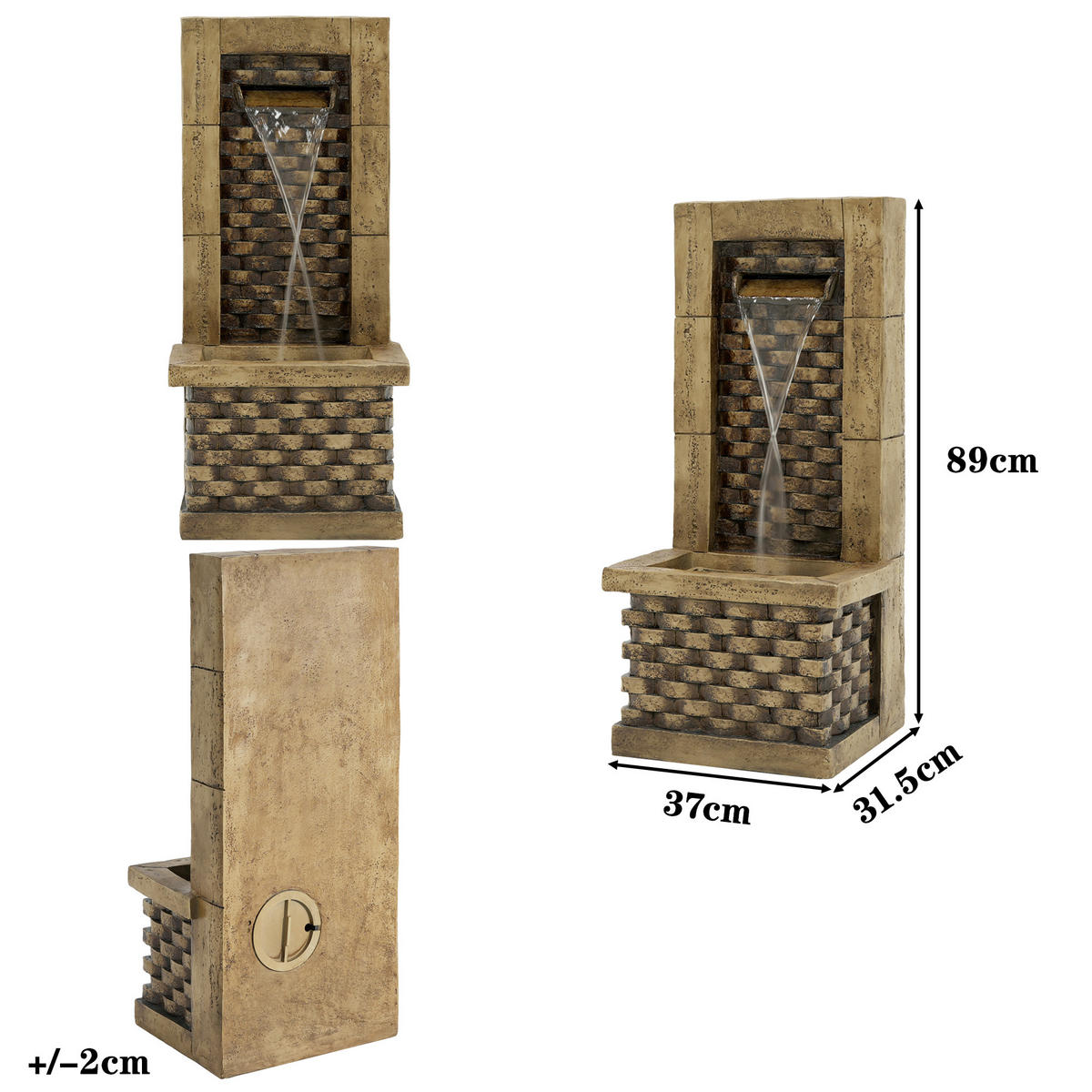 GARTENBRUNNEN Antik 230V Wasserfall Standbrunnen Quadratisch - Braun, Naturmaterialien (37/31.5/89cm) - FLIEKS