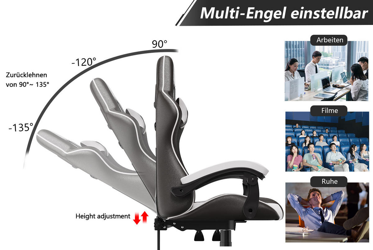 GAMING-STUHL ergonomisch, verstellbare Rückenlehne, Kissen – Schwarz/Weiß - Weiß, Leder (59/120/56cm) - Rattantree