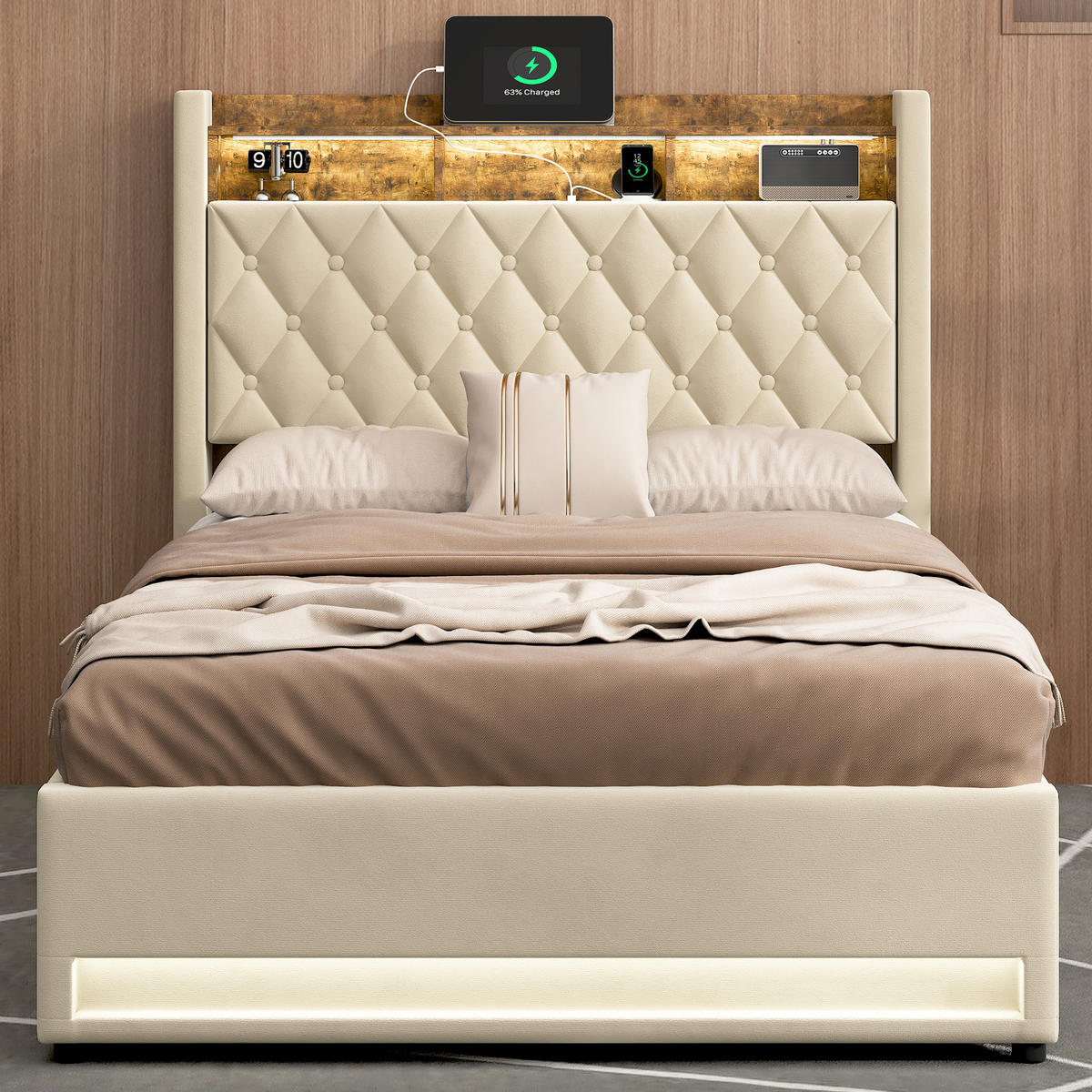 POLSTERBETT 140x190cm mit LED-Beleuchtung,Stauraumbett mit Bettkasten, Beige - Beige, Holzwerkstoff/Textil (140/190cm) - EVRYAE