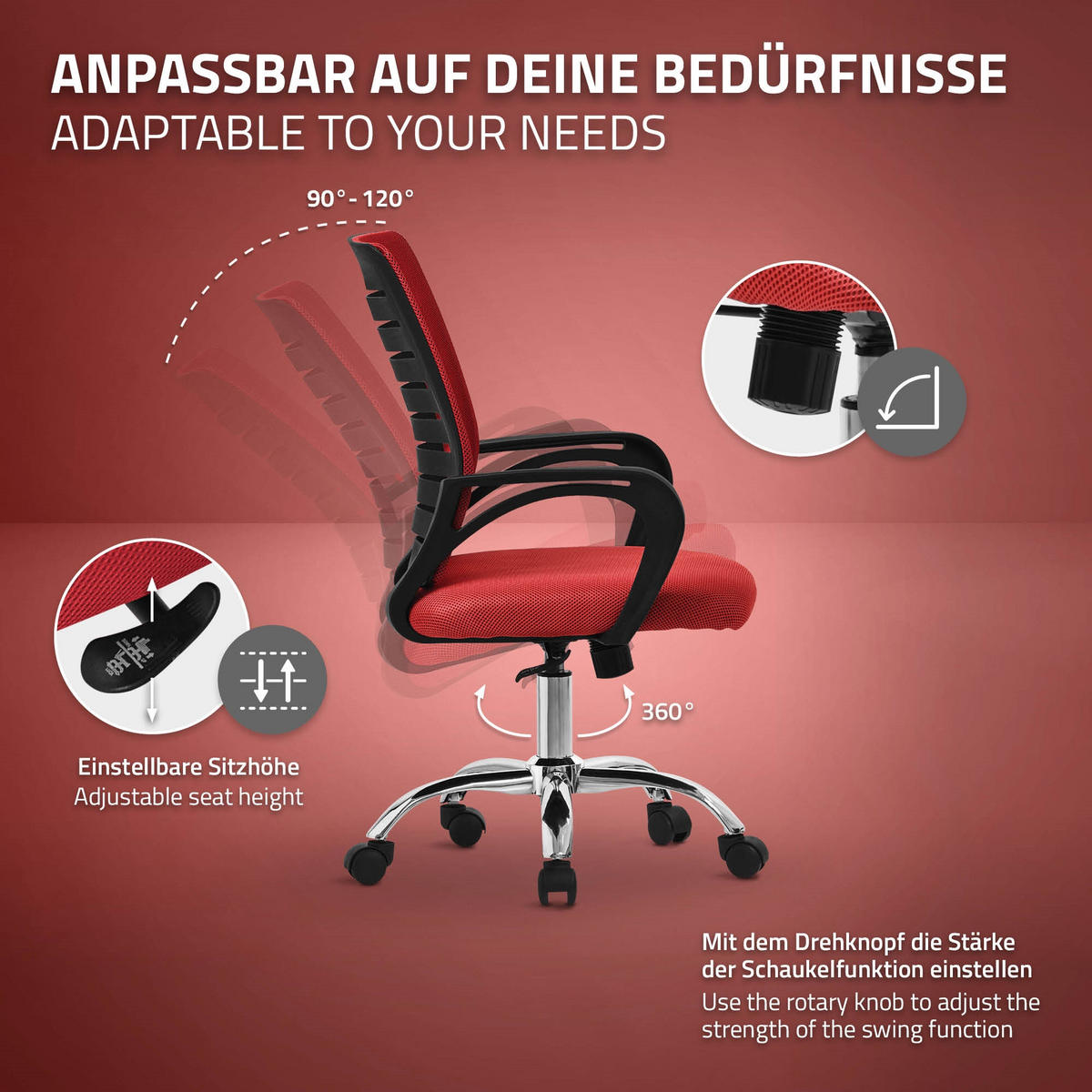 SCHREIBTISCHSTUHL Classic rot - Rot, Metall (54/99/59cm) - ML-DESIGN