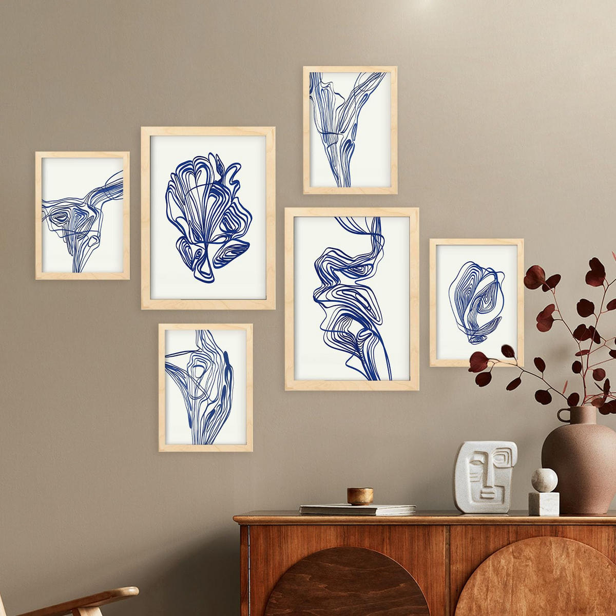 POSTER Set Mit 6 Verlockend Schrägen In Form Abstracts Ästhetische Dekorative Gemälde Für Ihr Wohnzimmer Zuhause A3 & A4 Rahmen Aus Hellem Holz - Beige, Papier (29/3cm) - Nacnic