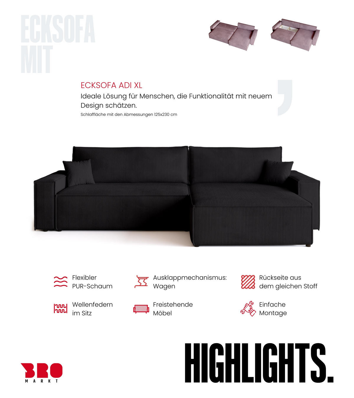 ECKSOFA ADI XL mit Schlaffunktion Schwarz Cord - Schwarz, Textil (272/143cm) - Bromarkt