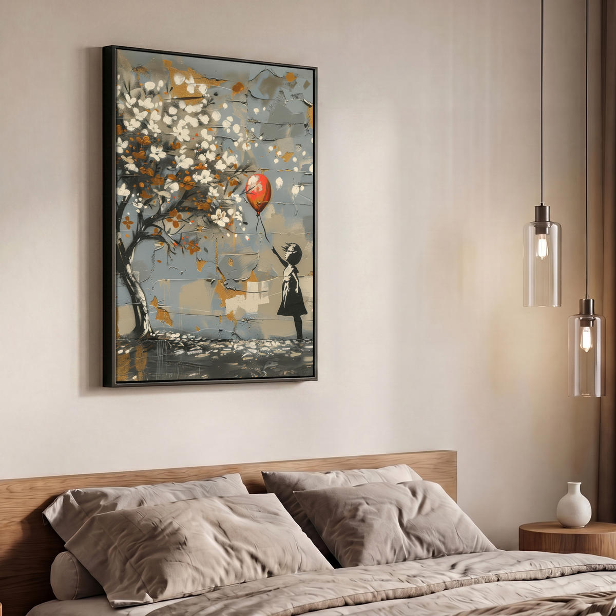 LEINWAND Bilder mit Rahmen - Baum - Graffiti - Banksy-Stil - Ballon-Mädchen - 70x100 - Blaugrau, Textil (70/100cm) - MuchoWow