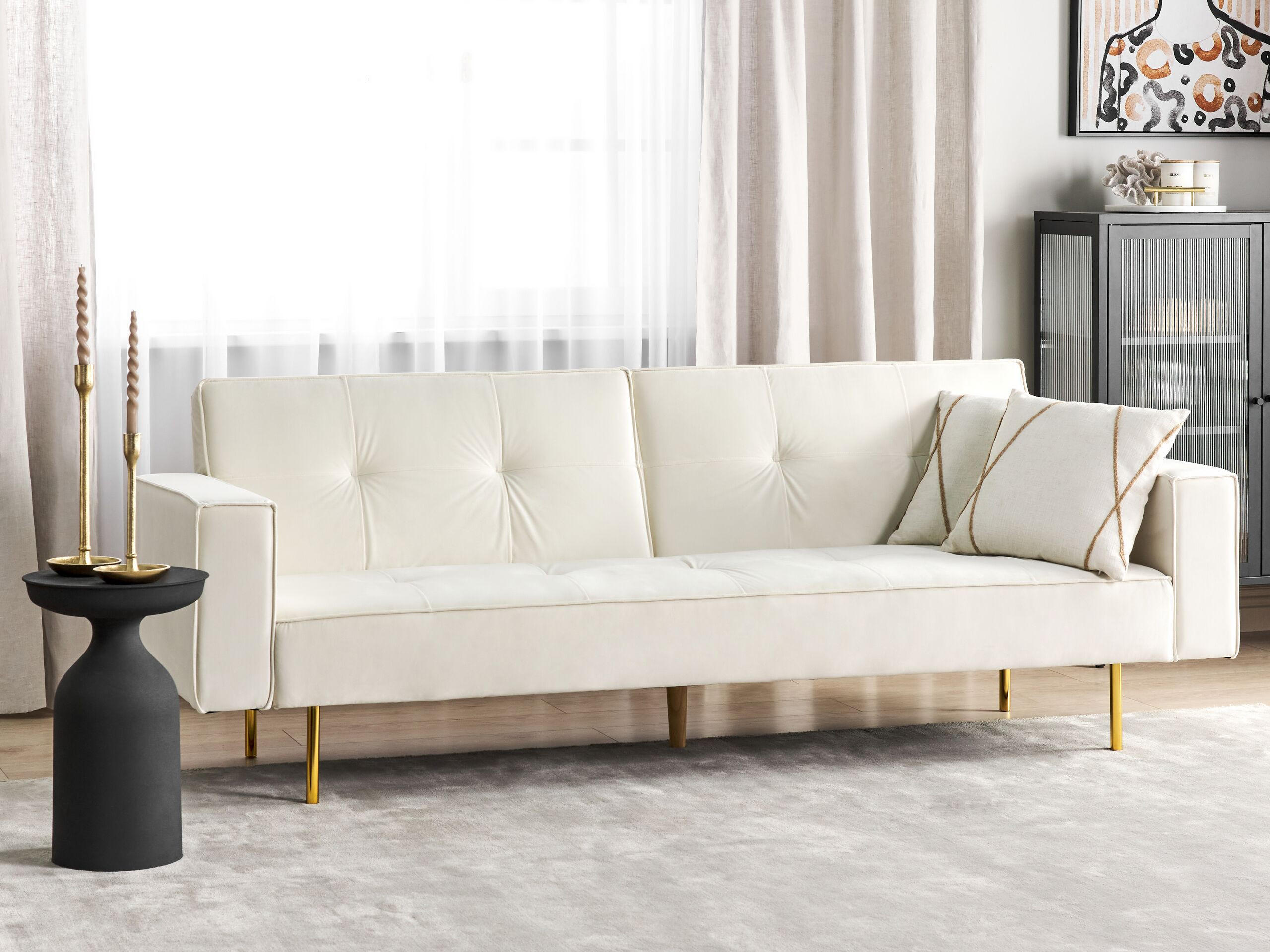 3-SITZER-SCHLAFSOFA Samtstoff cremeweiß Visnes - Goldfarben/Weiß, Textil (218/80/81cm) - Beliani