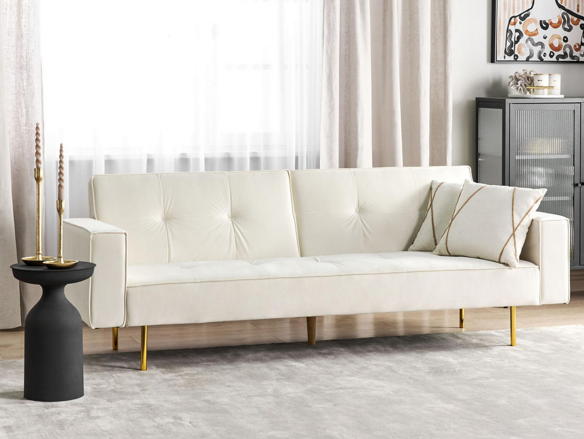 3-SITZER-SCHLAFSOFA Samtstoff cremeweiß Visnes - Goldfarben/Weiß, Textil (218/80/81cm) - Beliani
