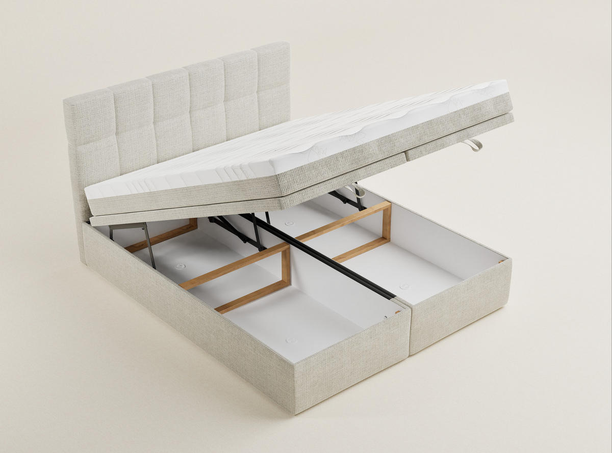 BOXBETT 140/200 cm Gotu M, in Beige, Matratze, gepolstertes Kopfteil, Bettkasten, H3 = fest - Beige/Schwarz, Holz/Holzwerkstoff (140/200cm) - Maison de Reve