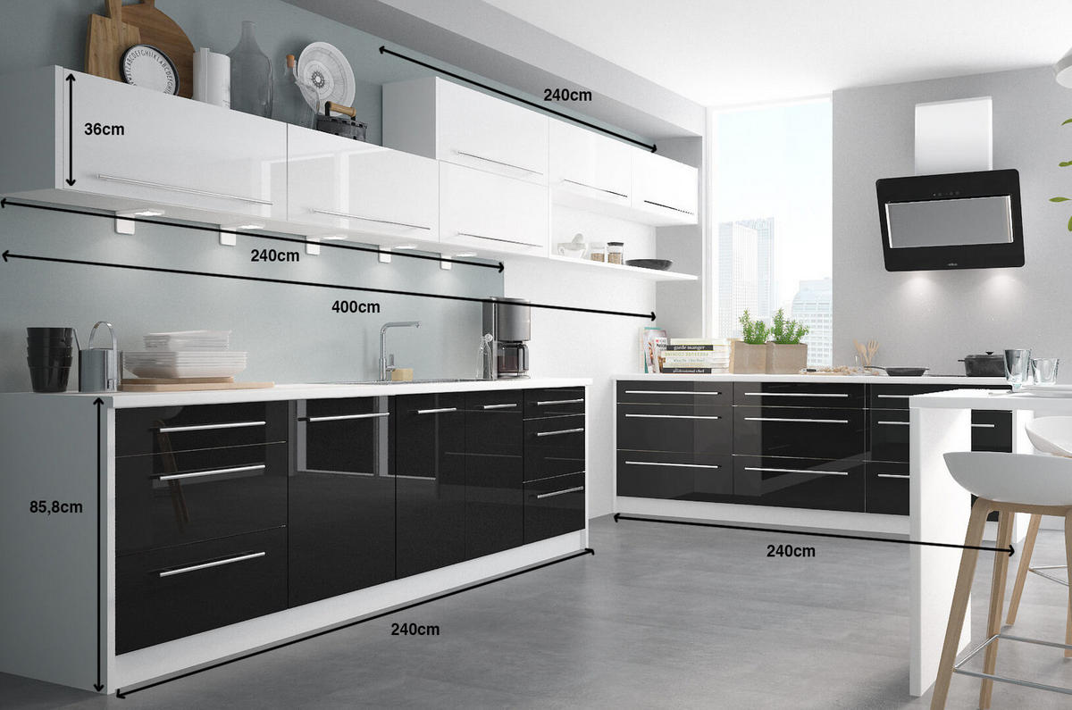 WINKELKÜCHE Platinium weiß matt / weiß hochglanz / schwarz hochglanz 13-teilig - Schwarz, Holzwerkstoff (480/172/50cm) - Feldmann-Wohnen