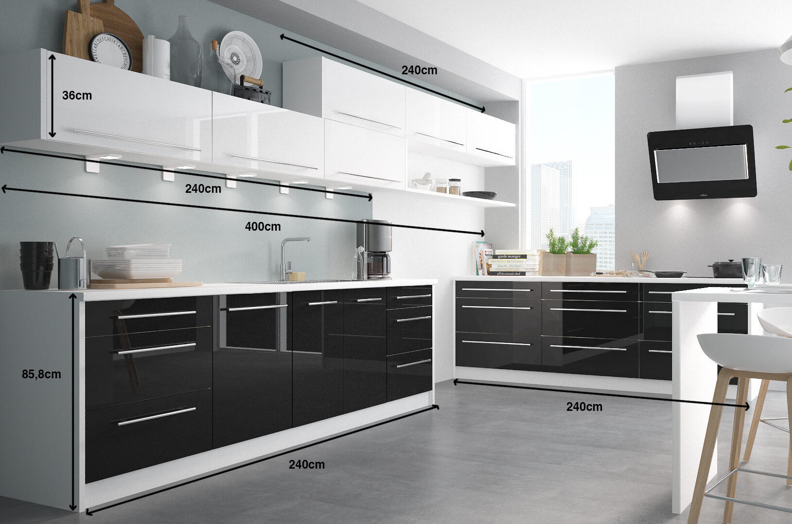 Thumbnail - Feldmann-Wohnen Winkelküche, Schwarz, Holzwerkstoff, zweizeilig, 480x172x50 cm, Küchen, Eckküchen, Eckküchen ohne Geräte