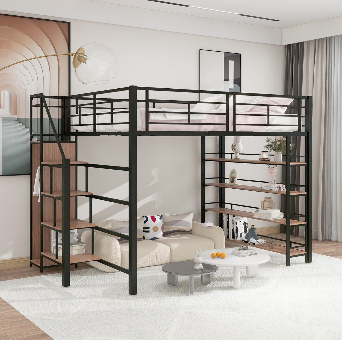 HOCHBETT 140/200 cm aus Metall mit Stauraumtreppe und Rausfallschutz - Schwarz, Metall (140/200cm) - BEAOK