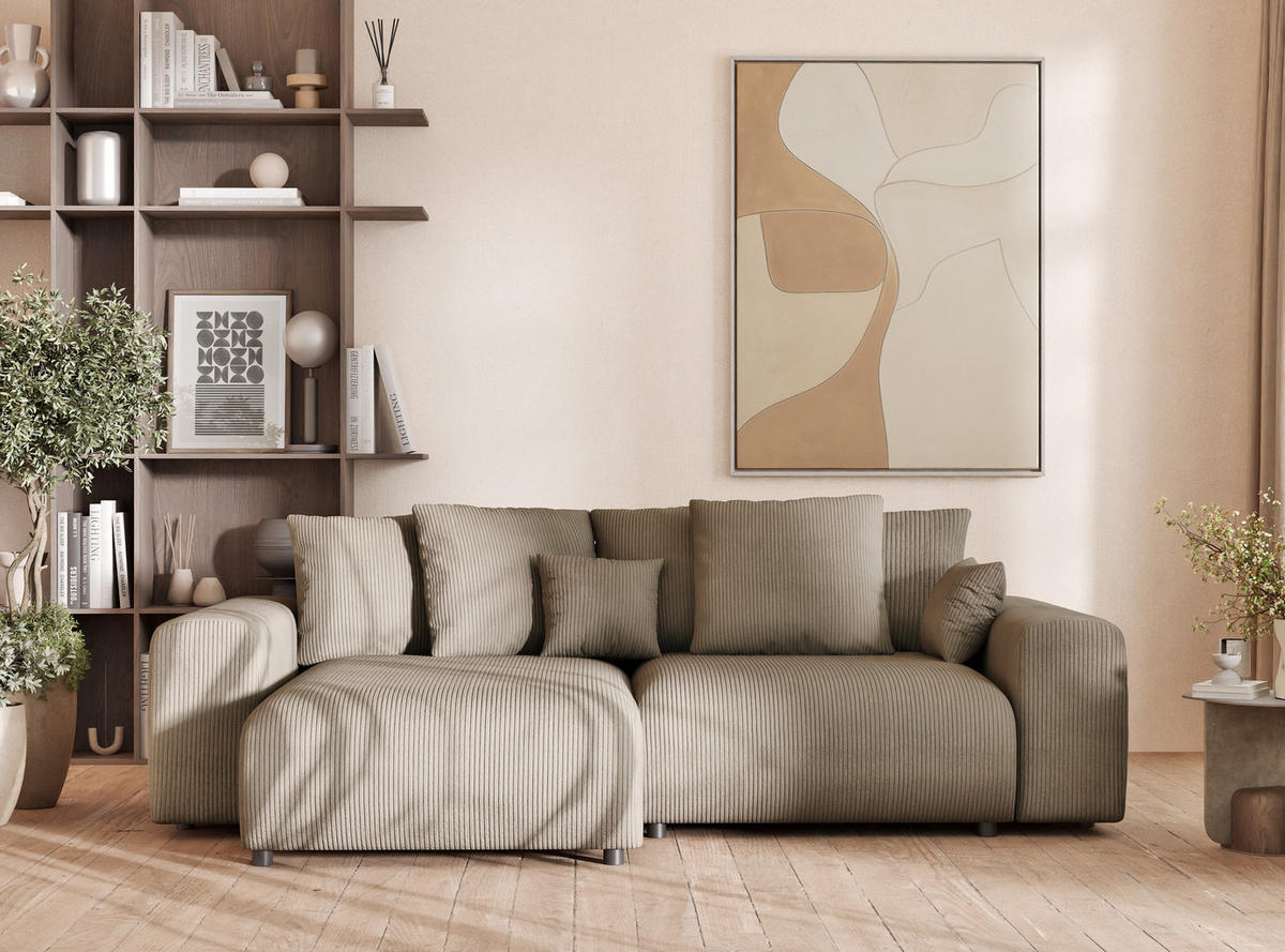 ECKSOFA MIT SCHLAFFUNKTION Solo Beige Samtstoff - Beige/Schwarz, Holz/Holzwerkstoff (255/168cm) - Maison de Reve