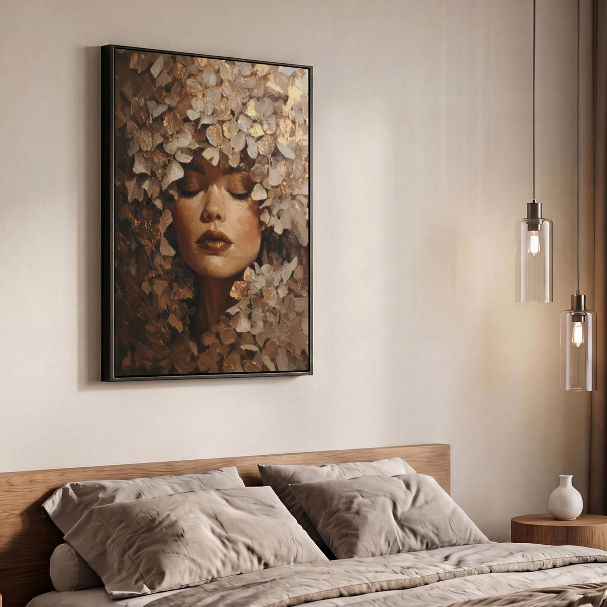 LEINWAND Bilder mit Rahmen - Gesicht - Dame - Blätter - Pinselstriche - 70x100 - Goldfarben, Textil (70/100cm) - MuchoWow