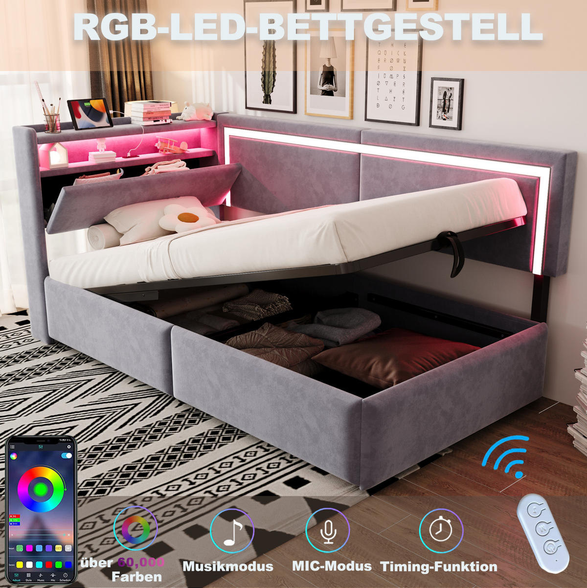 POLSTERBETT 90/200 cm aus Samt mit LED-Beleuchtung, USB-Anschluss und hydraulischem Bettkasten, Hellgrau - Hellgrau, Holzwerkstoff (90/200cm) - Redom