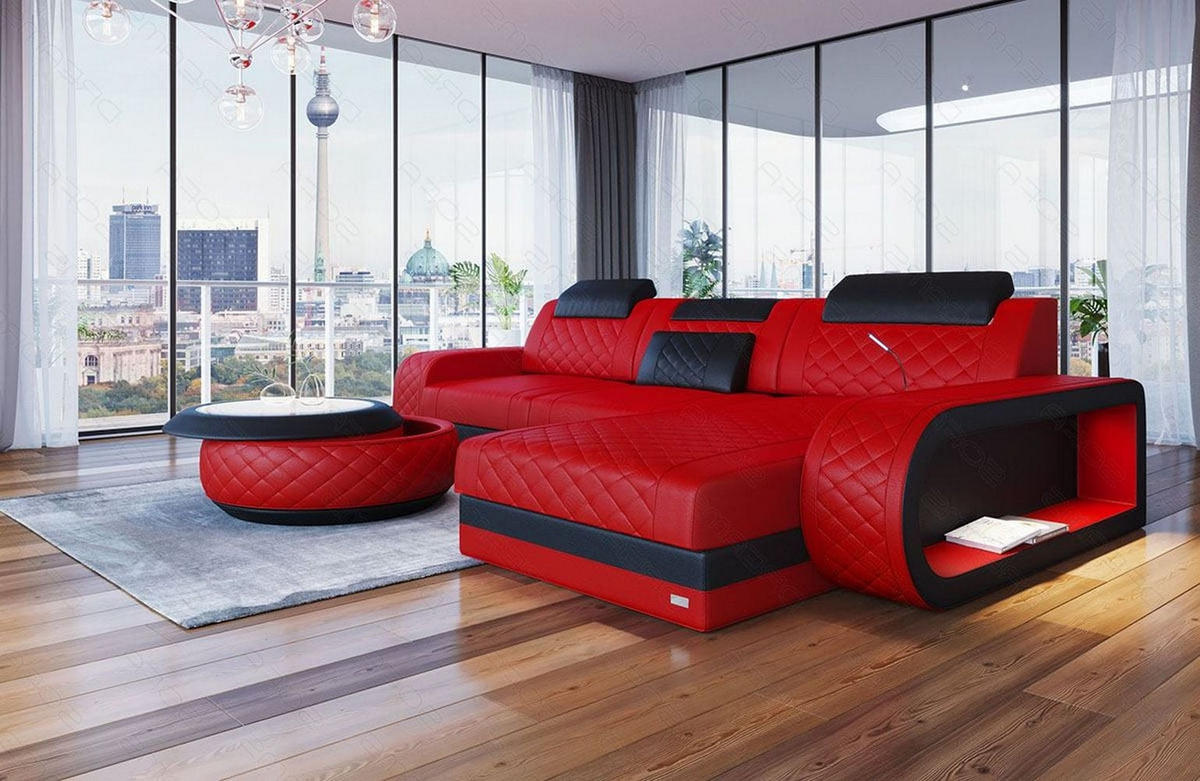 ECKSOFA Sofa Berlin Rot Schwarz Echtleder - Rot, Leder (308/198cm)