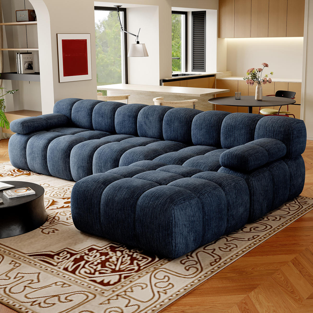 ECKSOFA 300/200/68 cm Blau Stoff mit 1 Fußhocker - Blau, Textil (200/300cm) - Oxeza