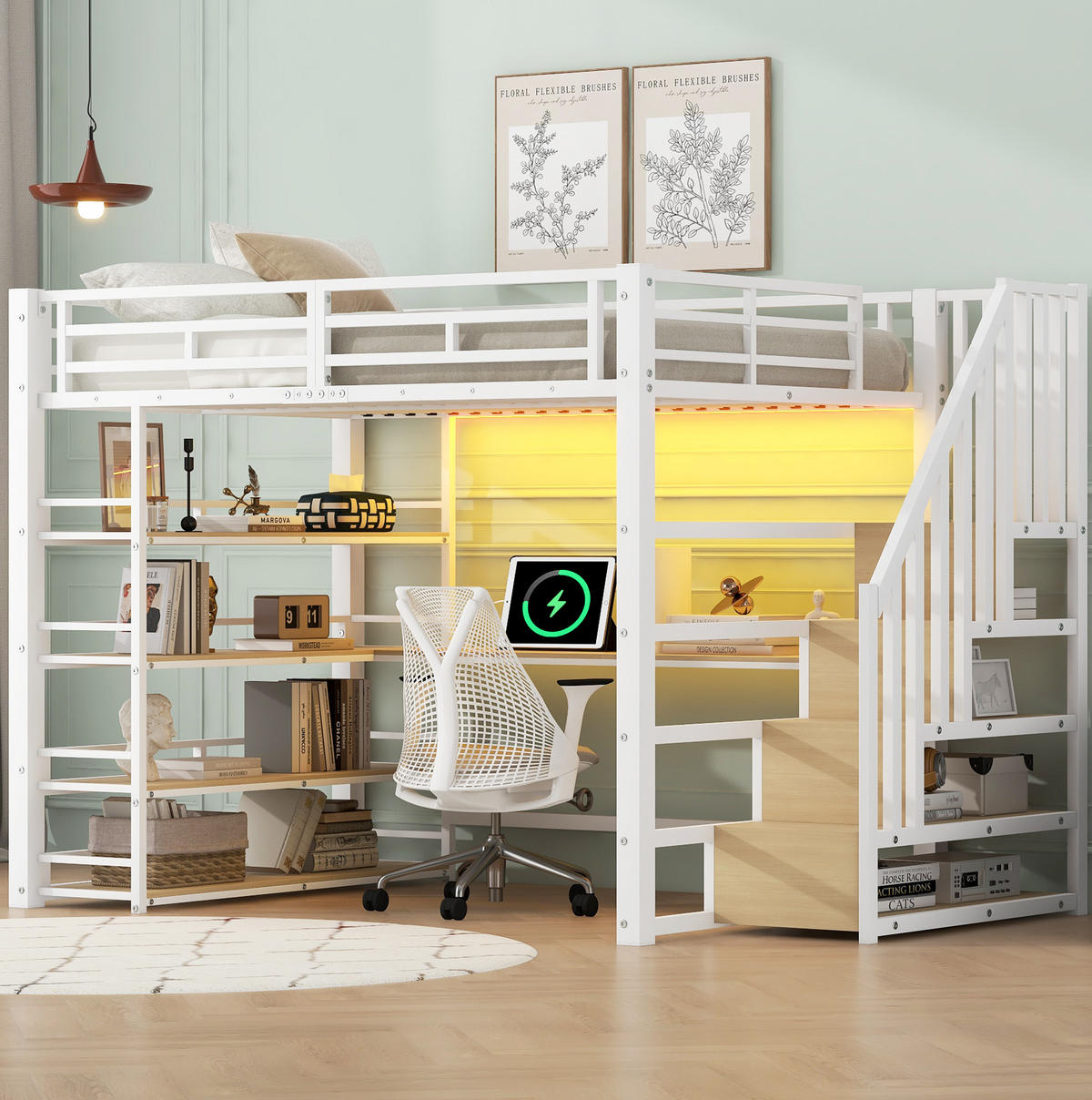 HOCHBETT 140/200 cm aus Metall und MDF mit Schreibtisch, Stauraumtreppe und LED Weiß - Weiß, Holzwerkstoff (140/200cm) - Modenvie