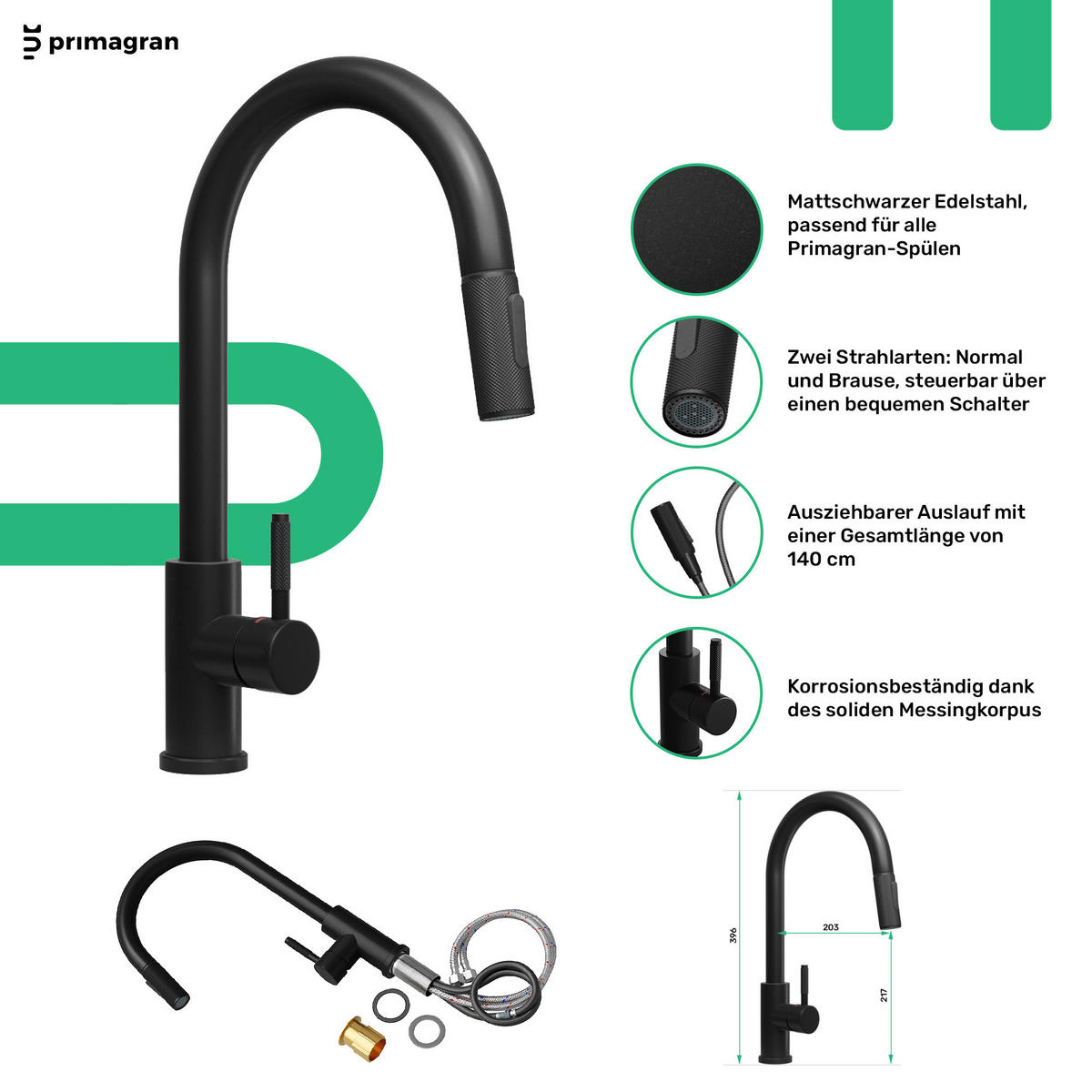 GRANITSPÜLE Sydney, 2-er set Schwarz 78/50 cm 1 Becken + Küchenarmatur 40/20 cm + Ablauf-Set + Küchenzubehörset ab 60er Unterschrank - Chromfarben/Beige, Kunststoff (78/20/50cm) - Primagran