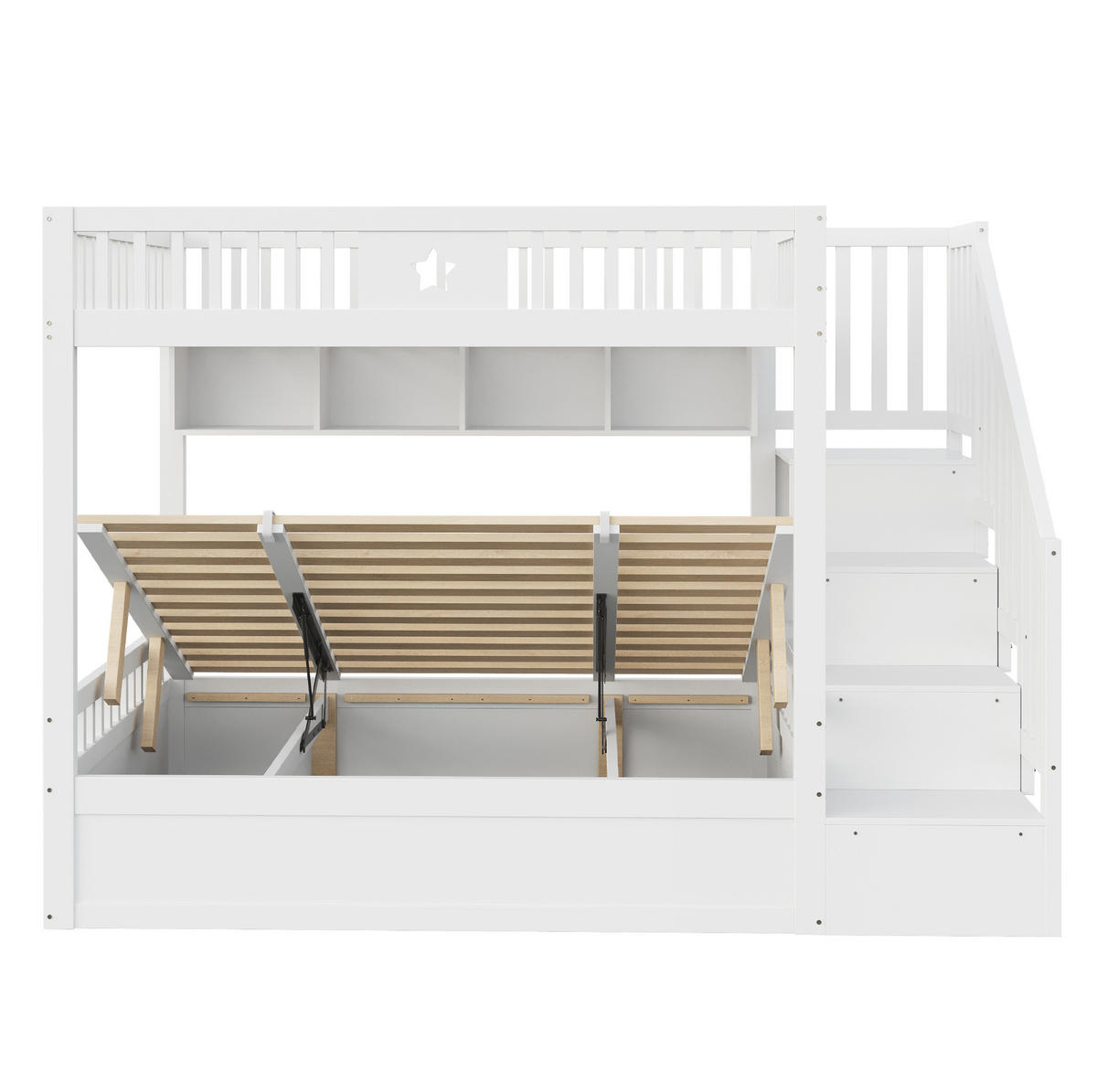 ETAGENBETT aus Kiefernholz 140x200 cm Weiß mit hydraulischem Unterbett, Regal und Stauraumtreppe - Weiß, Holzwerkstoff (140/200cm) - IVMEU