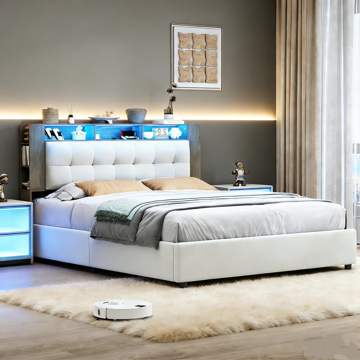 DOPPELBETT 140x200 cm Polsterbett mit LED Kopfteil-Ladestation und Ablage Stauraum - Beige, Holz (140/200cm) - PARAFTA HOME