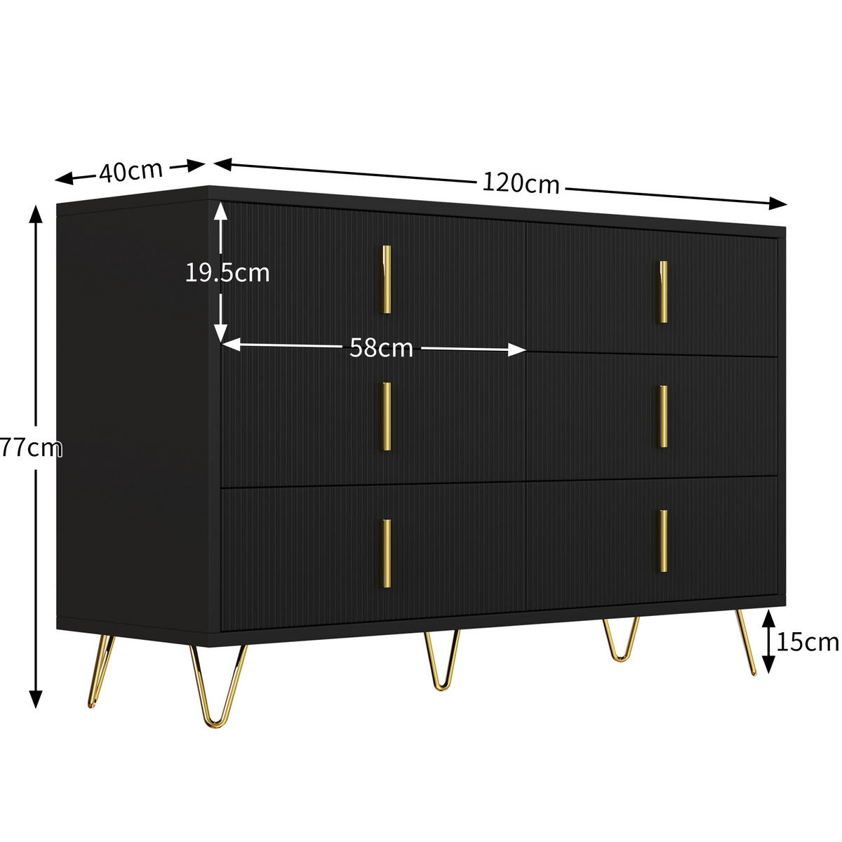 KOMMODE 120/40/77 cm aus Spanplatte mit 6 Schubladen Schwarz/Gold - Schwarz, Holzwerkstoff (120/77/40cm) - Modenvie