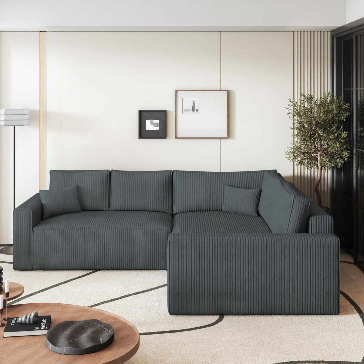 ECKSOFA ERONIS R-S Grau Kordstoff mit Schlaffunktion - Grau, Holz (265/194cm) - MASSENO