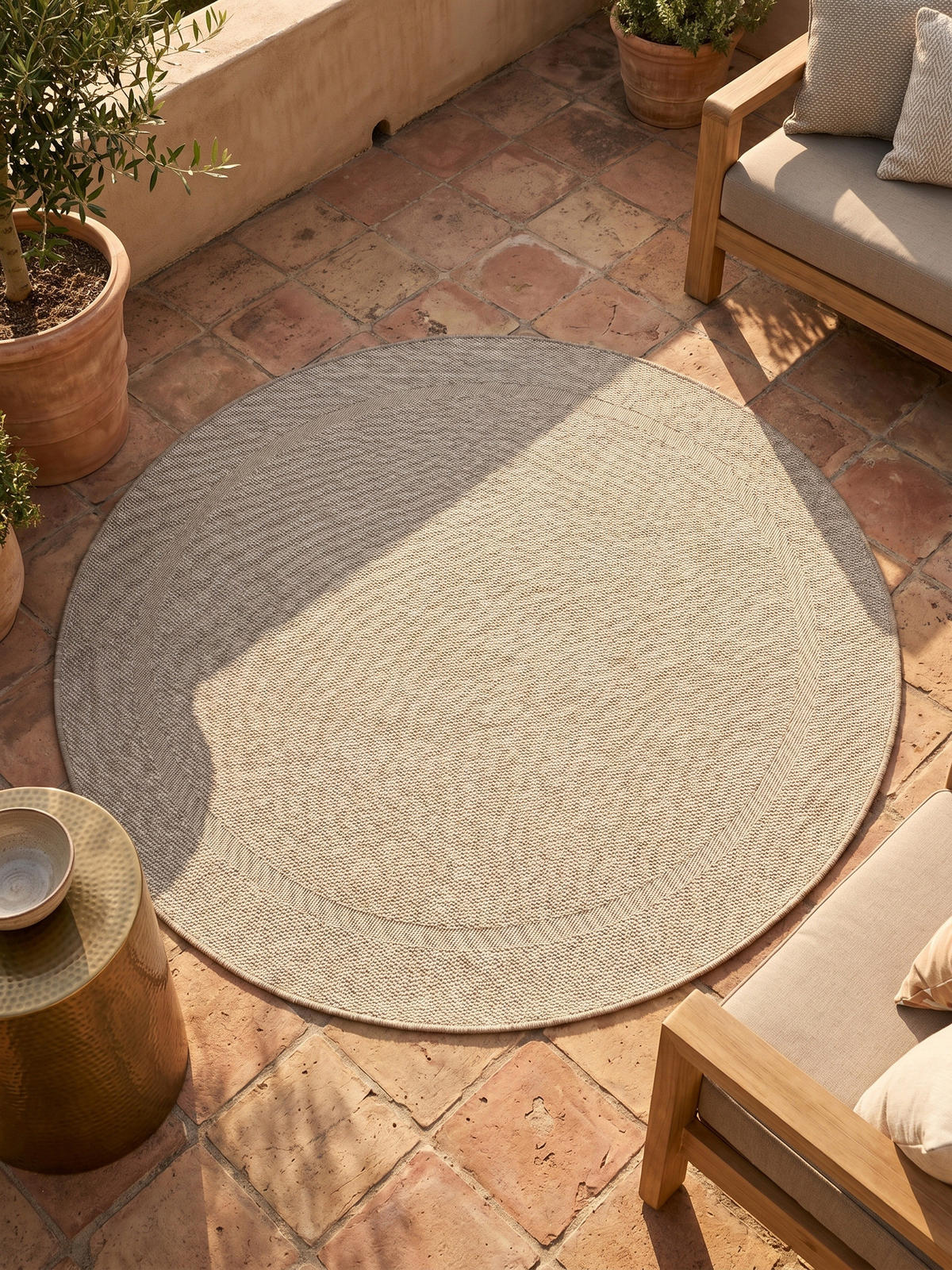 TEPPICH Balkon Unifarben Pflegeleicht Waschbar Terrasse Rund Beige 160x160 cm – ALSTER - Beige, Textil (160/160cm) - KADIMA DESIGN