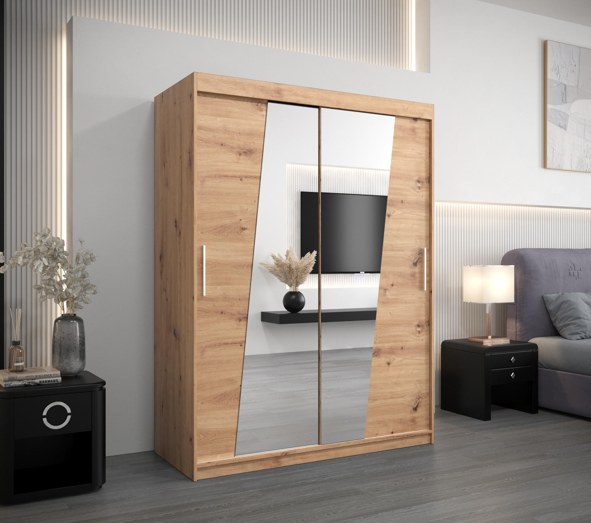 SCHWEBETÜRENSCHRANK 200/150/62 2-türig - Silberfarben/Eiche Artisan, Holz/Kunststoff (150/200/62cm) - MÖBEL KRYSPOL